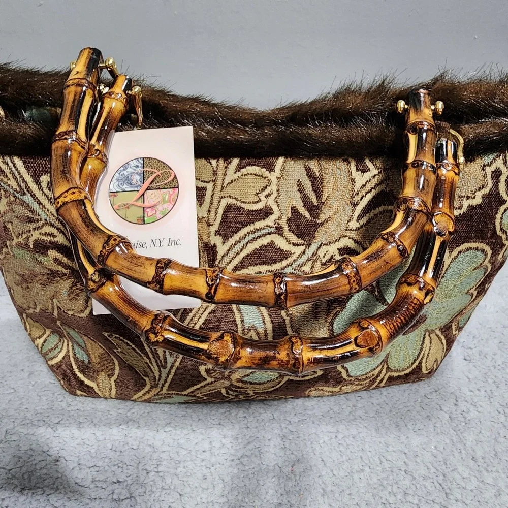 Tapestry Floral Purse Bamboo‎ Handle Brown Faux Fur Louise N.Y. Inc Bag NWT